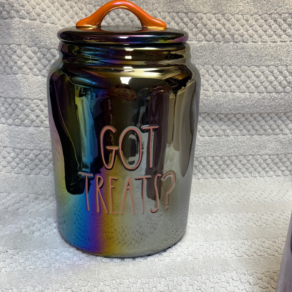 X Large Rae Dunn Iridescent Halloween Treat Jar with Orange Handle